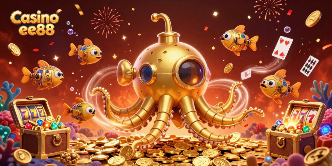 Experience excitement at Casino ee88 with a vibrant 3D scene of a kraken submarine and golden coins.