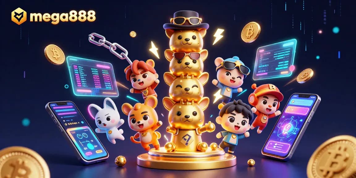 Engage with mega888 through vibrant casino experiences featuring joyful animated totem poles and dynamic crypto elements.