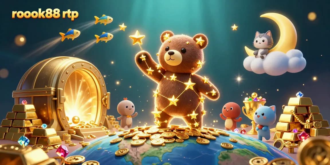 Engage in winning strategies with rokok88 rtp amid a vibrant, animated casino scene full of treasures.