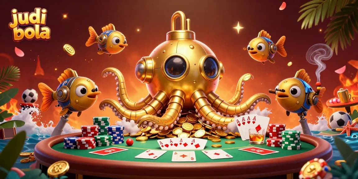 Experience exciting judi bola action with a golden kraken submarine amidst vibrant cash-filled scenes.