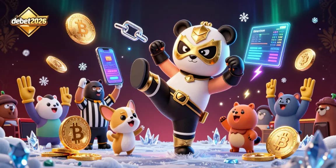 Experience debet2026 action with a panda and chihuahua amidst glowing crypto symbols in an energetic casino scene.