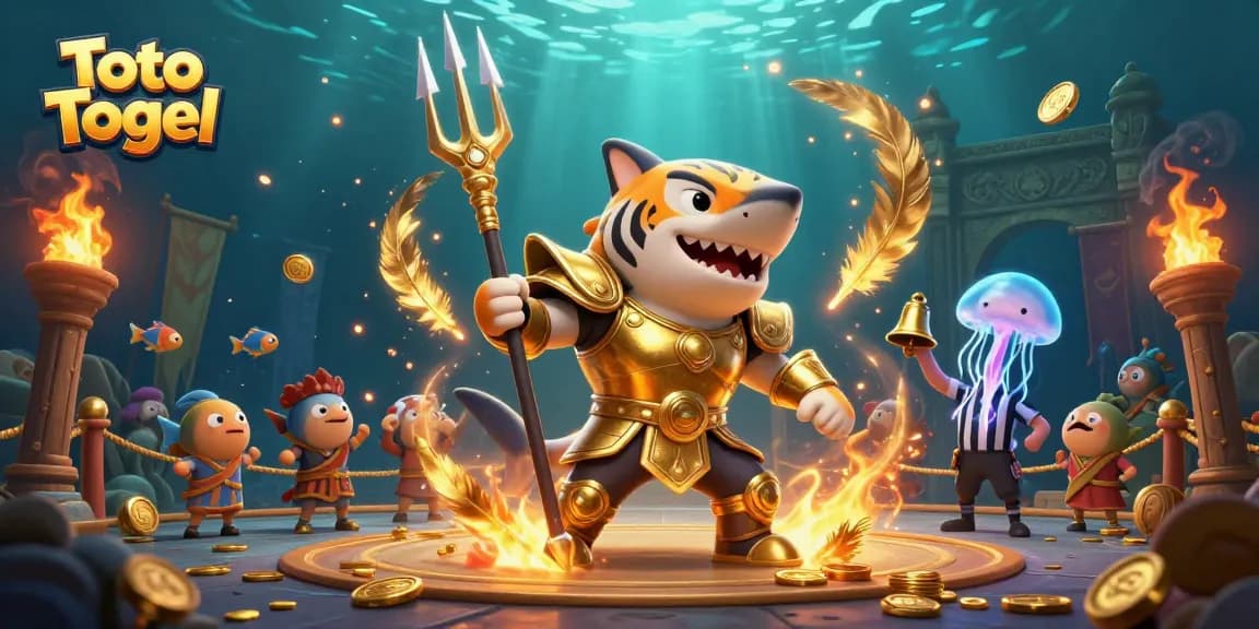 Engage with Toto Togel in a vibrant underwater scene featuring a golden gladiator shark.
