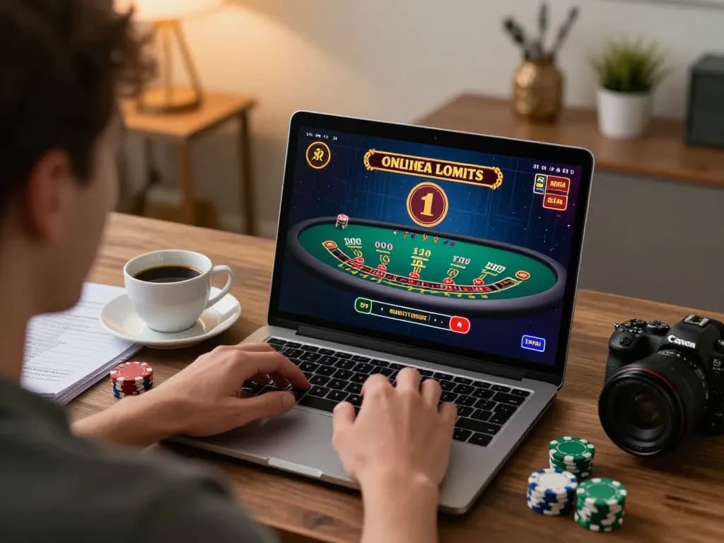 Engaging in online casino gaming at https://tr88.bio/ with a laptop and virtual dealer table