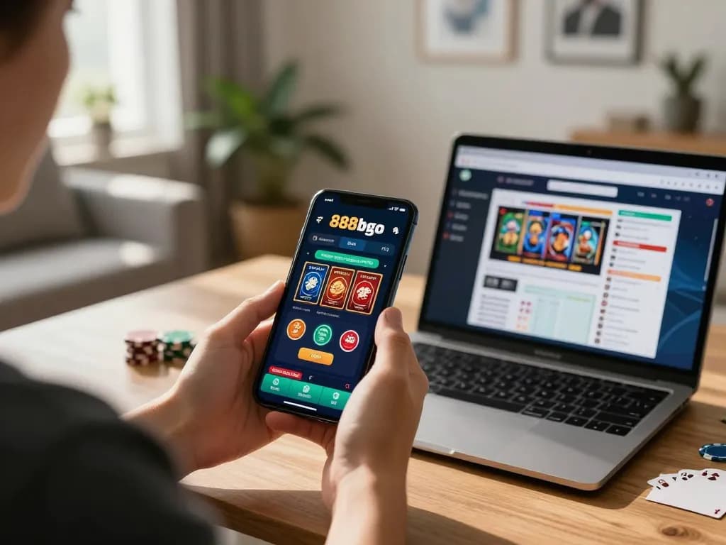 Engaging mobile gaming moment on 888bgo app with focused strategy in a cozy setting
