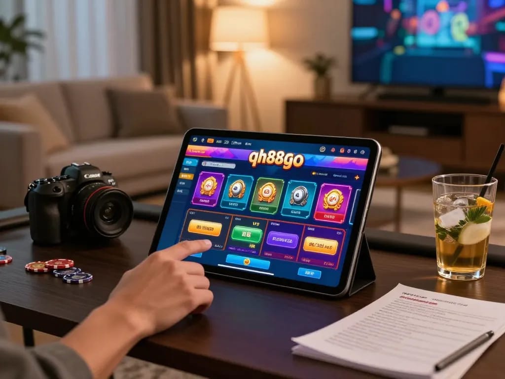 Engaging in online casino gaming at qh88go with a tablet, showcasing betting options in a cozy atmosphere.