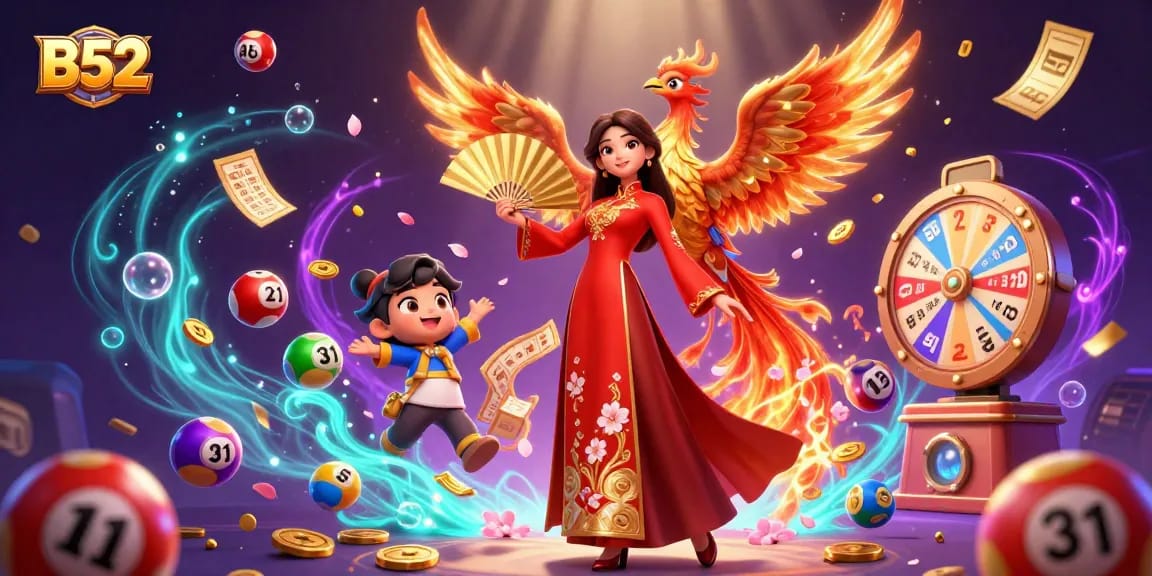 Engage with B52 themed casino excitement amid vibrant lottery elements and dynamic gaming action.