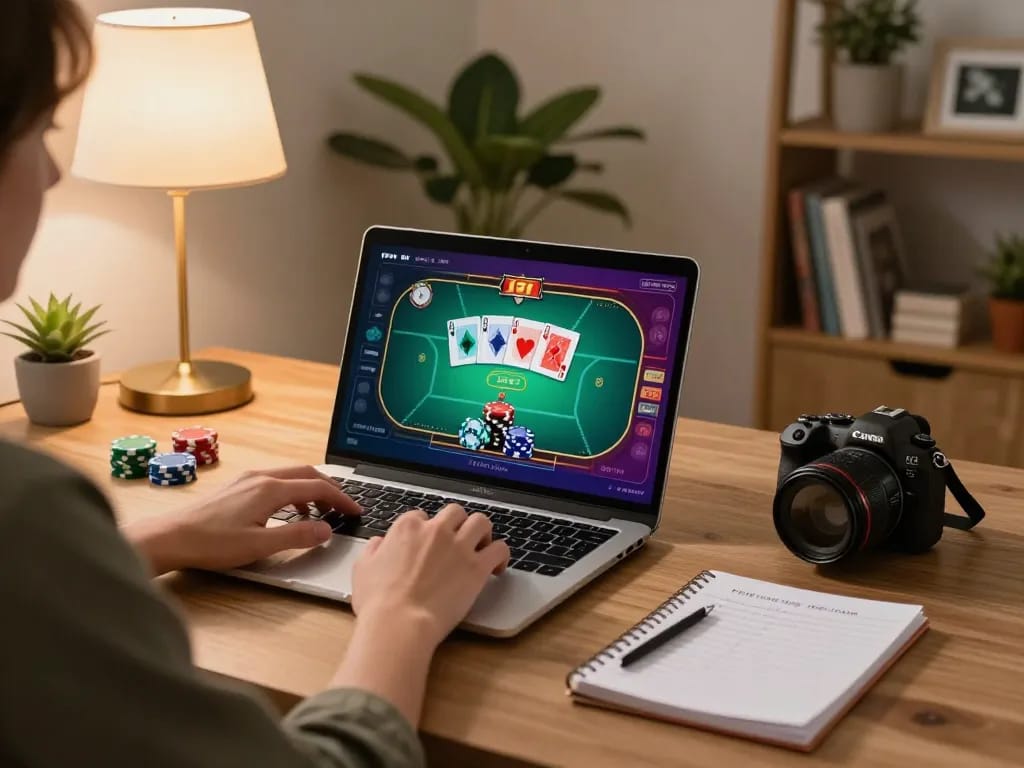 Playing exciting online poker at home on GG 88 with cozy lighting and strategy notes visible.