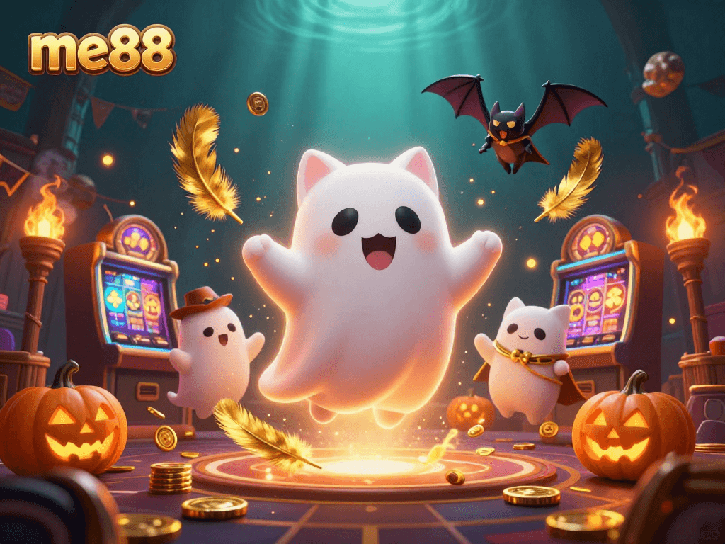 Experience thrilling wins at me88 with vibrant ghostly characters among glowing casino elements.
