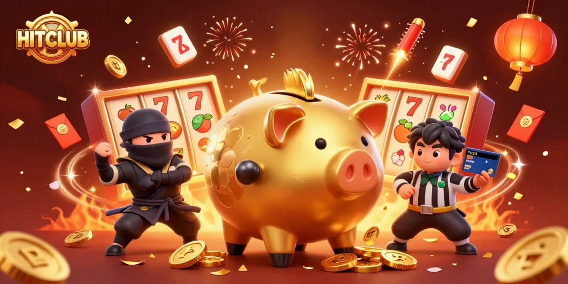 HITCLUB features an engaging 3D casino illustration with characters and vibrant gambling elements.