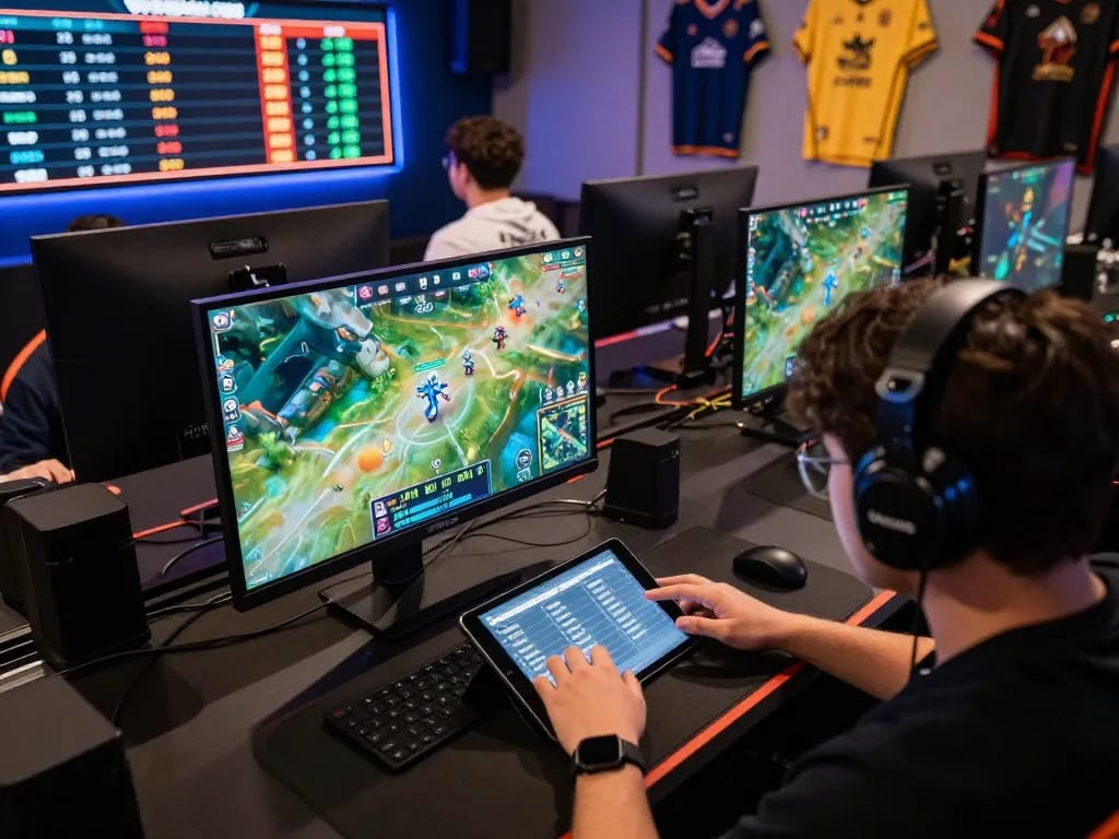 Engaged gamer analyzing odds on gg88 esports betting app in a modern setup