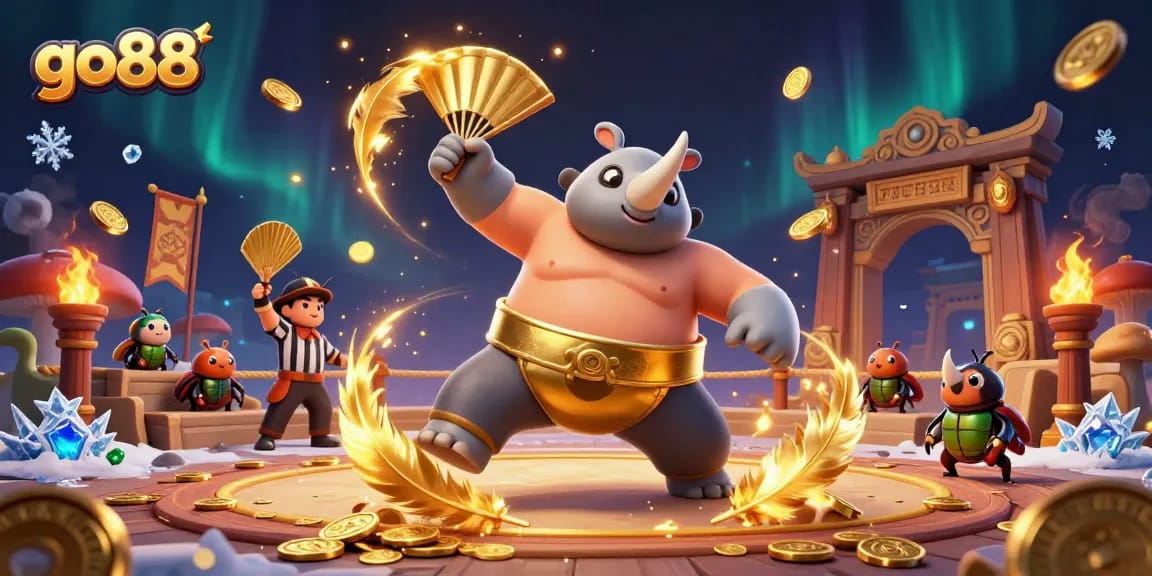 Experience thrilling gameplay with go88 as the sumo champion beetle triumphs amidst gold coins and vibrant action.