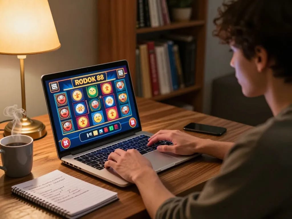 Player engaged in rokok 88 online gaming session with laptop and strategy notes.