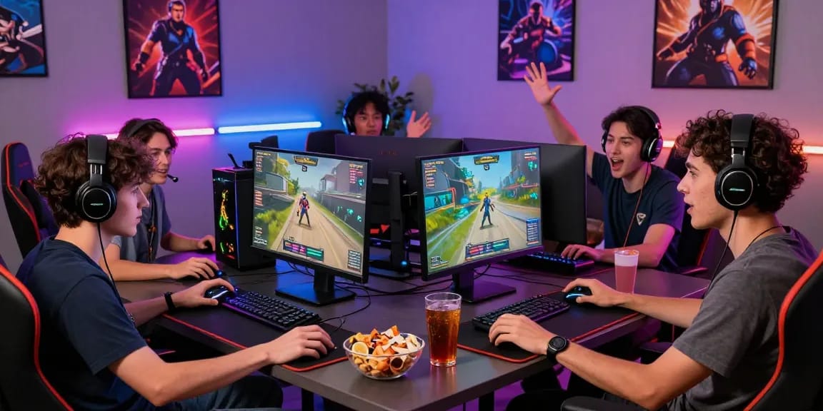 Diverse friends engaged in a gaming session around modern equipment, exploring strategies for rokok88 blog multiplayer adventures.