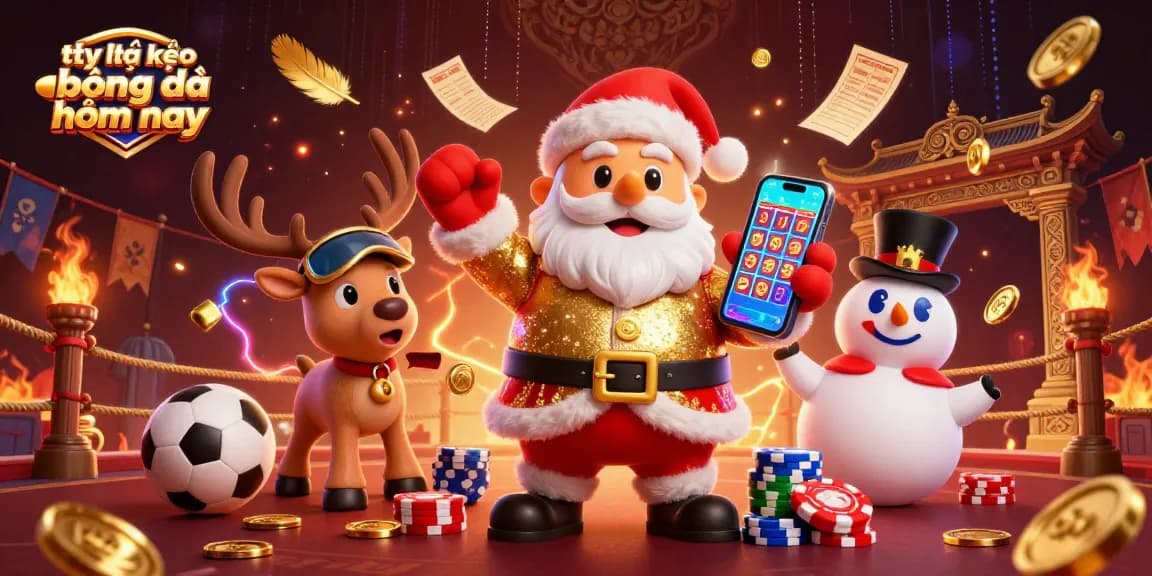 Engage with tỷ lệ kèo bóng đá hôm nay while enjoying a vibrant casino scene featuring Santa, his reindeer, and a snowman.