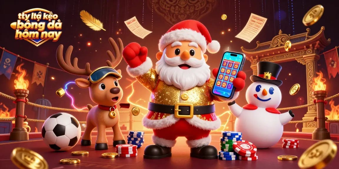 Engage with tỷ lệ kèo bóng đá hôm nay while enjoying a vibrant casino scene featuring Santa, his reindeer, and a snowman.