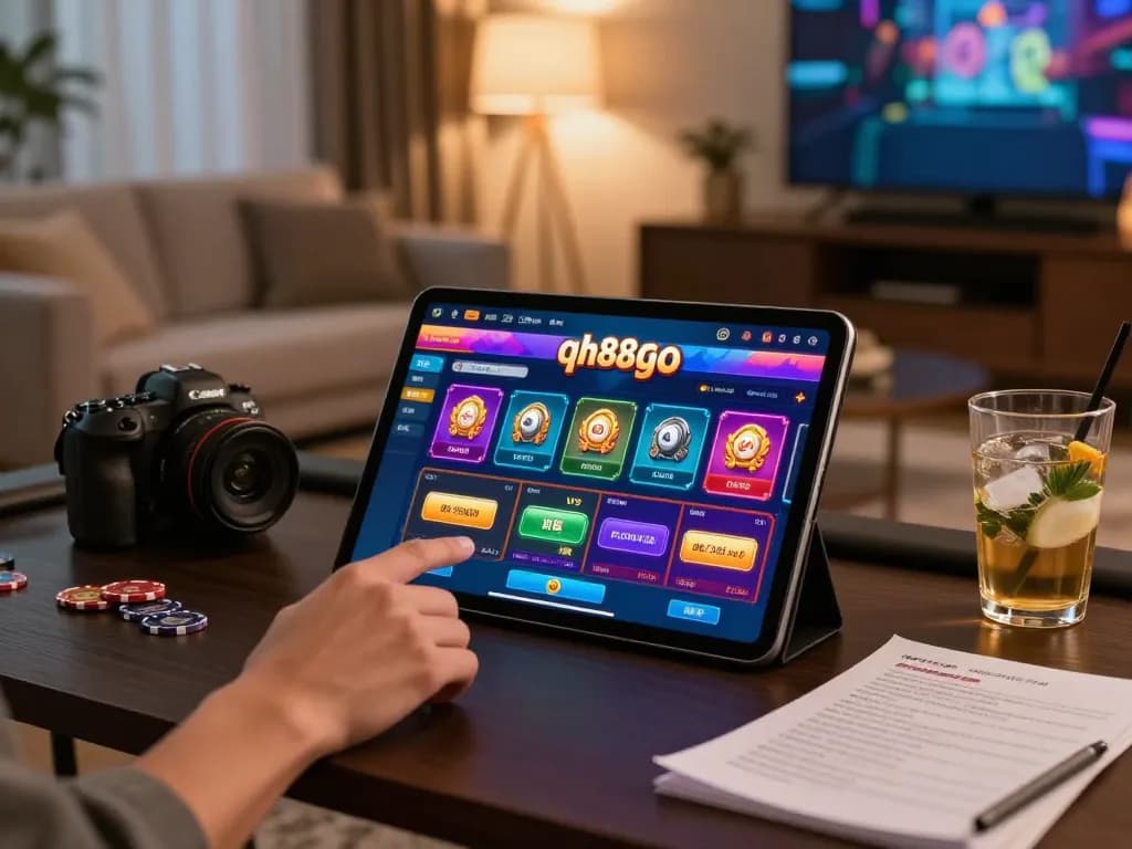 Engaging in online casino gaming at qh88go with a tablet, showcasing betting options in a cozy atmosphere.