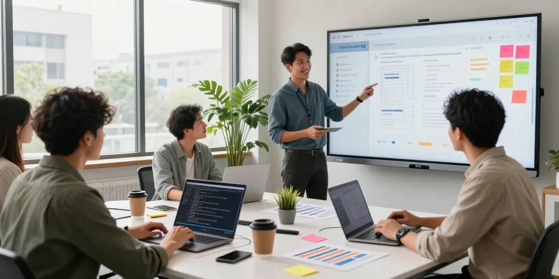 Build internal tools with AI in a collaborative workspace with diverse professionals sharing ideas.