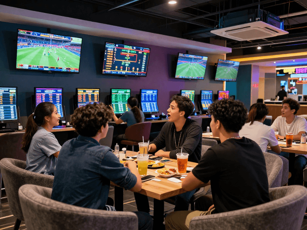 Group of friends enjoying sports betting at http://oxbet-app.com with screens and drinks in a modern lounge