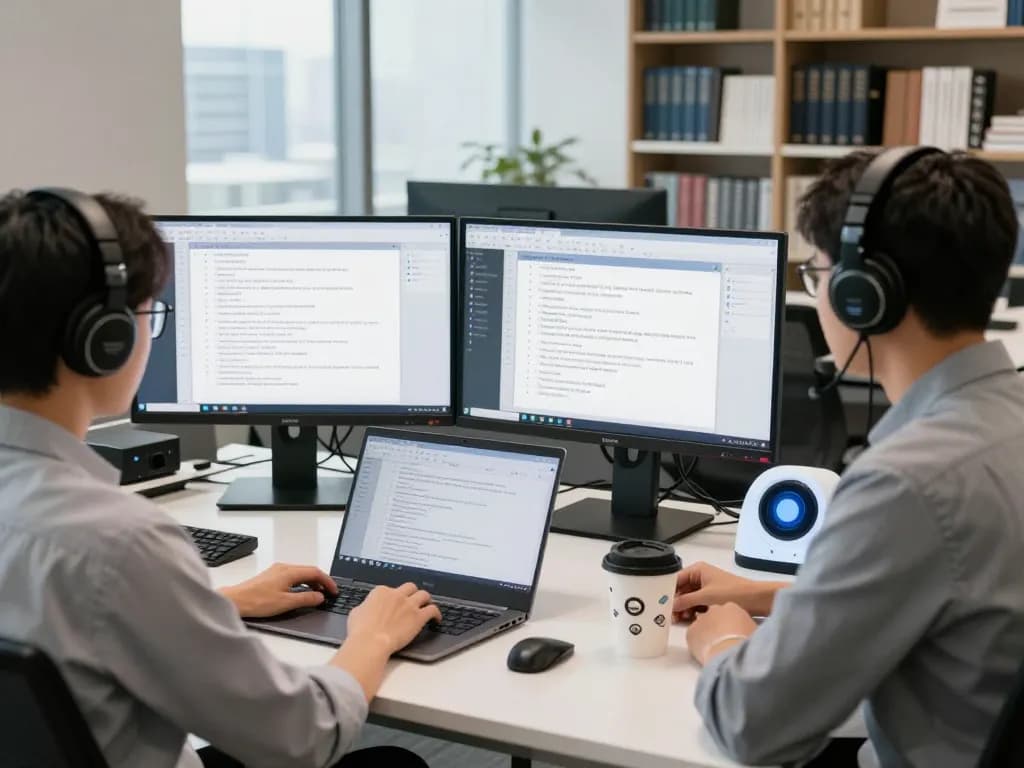 展示有道翻译服务的专业办公室场景,配有翻译人员和AI工具,以提供有效的语言解决方案。
