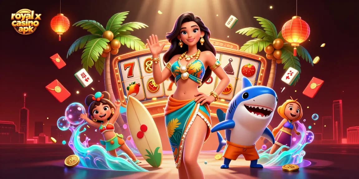 Experience the excitement from royal x casino apk as a glamorous woman plays slots with festive elements.