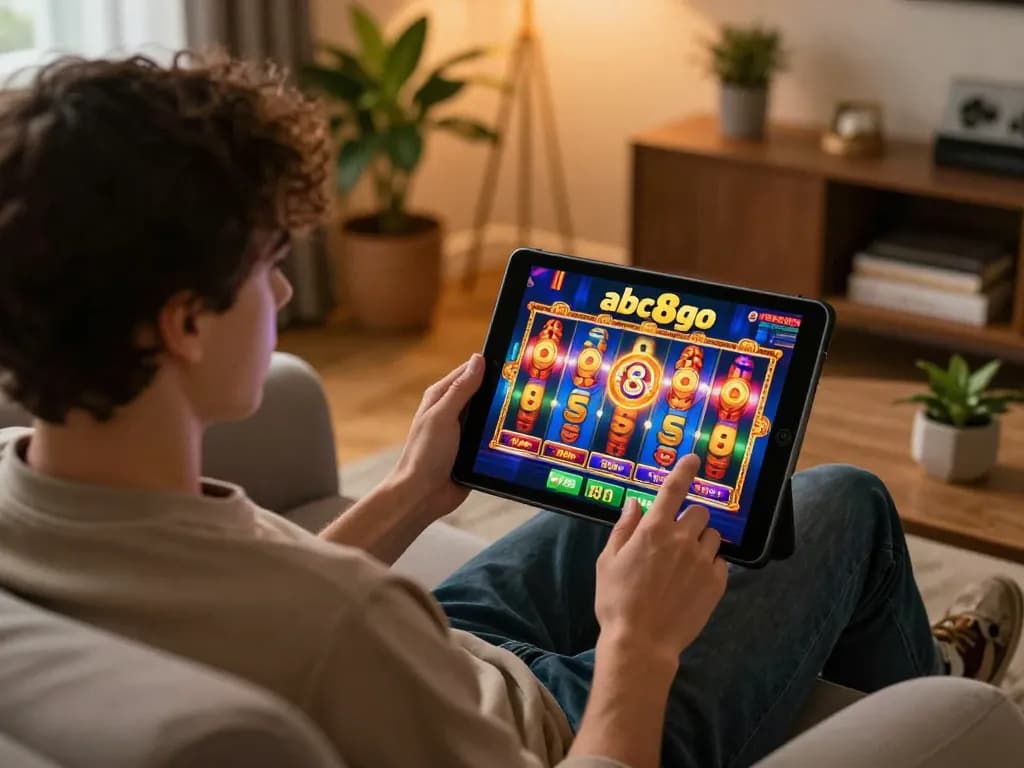 Player enjoying a slot game at abc8go on a tablet in a cozy home setting.