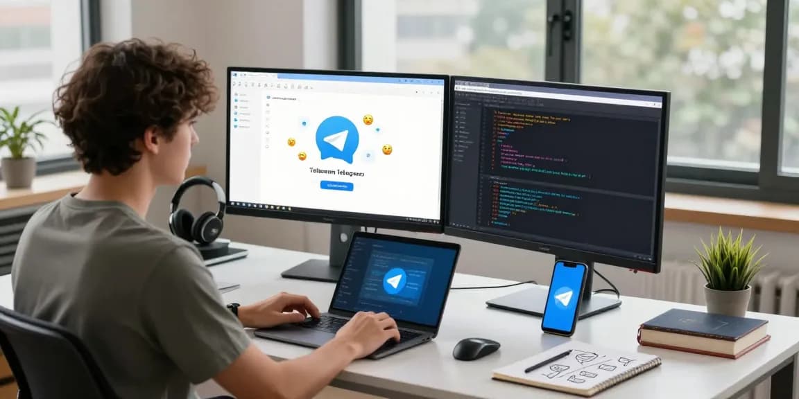 Telegram下载 interface showcased in a modern workspace with dual monitors and a focused developer.