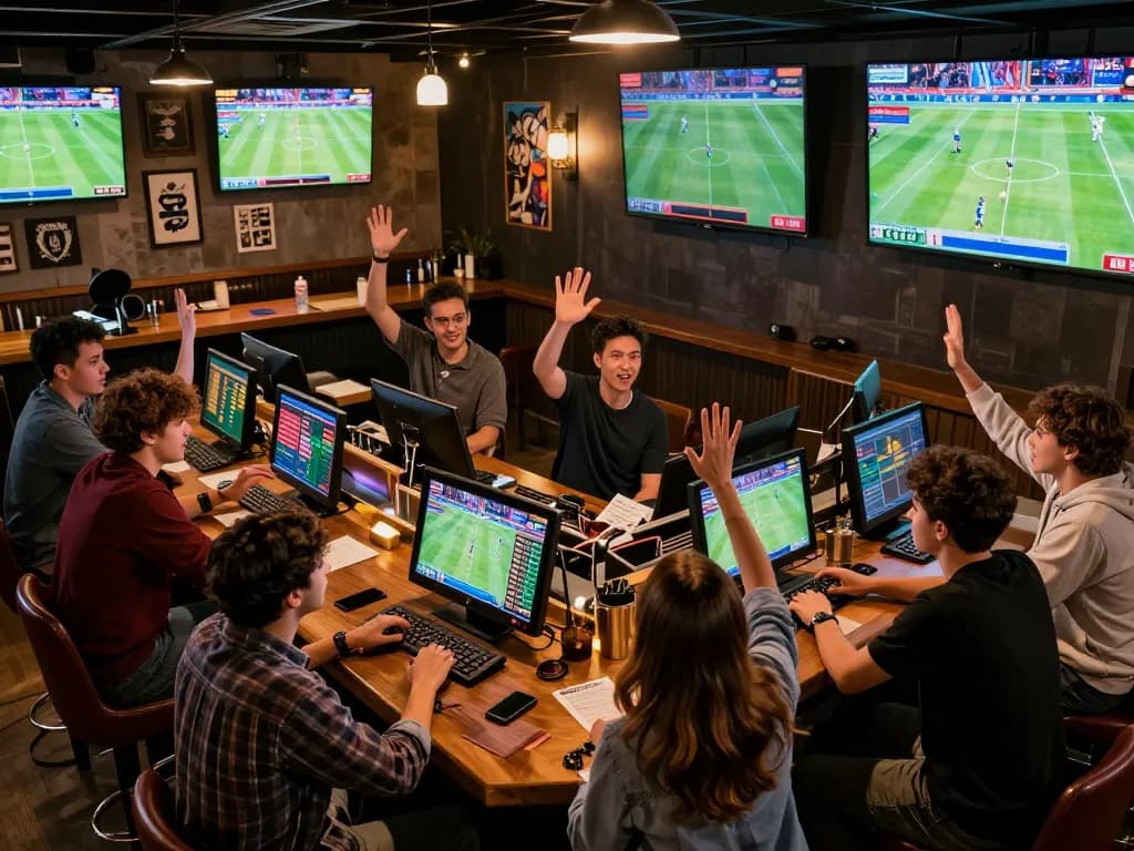 LLwin sports bettors analyzing odds on screens in a lively bar atmosphere, showcasing strategic engagement.