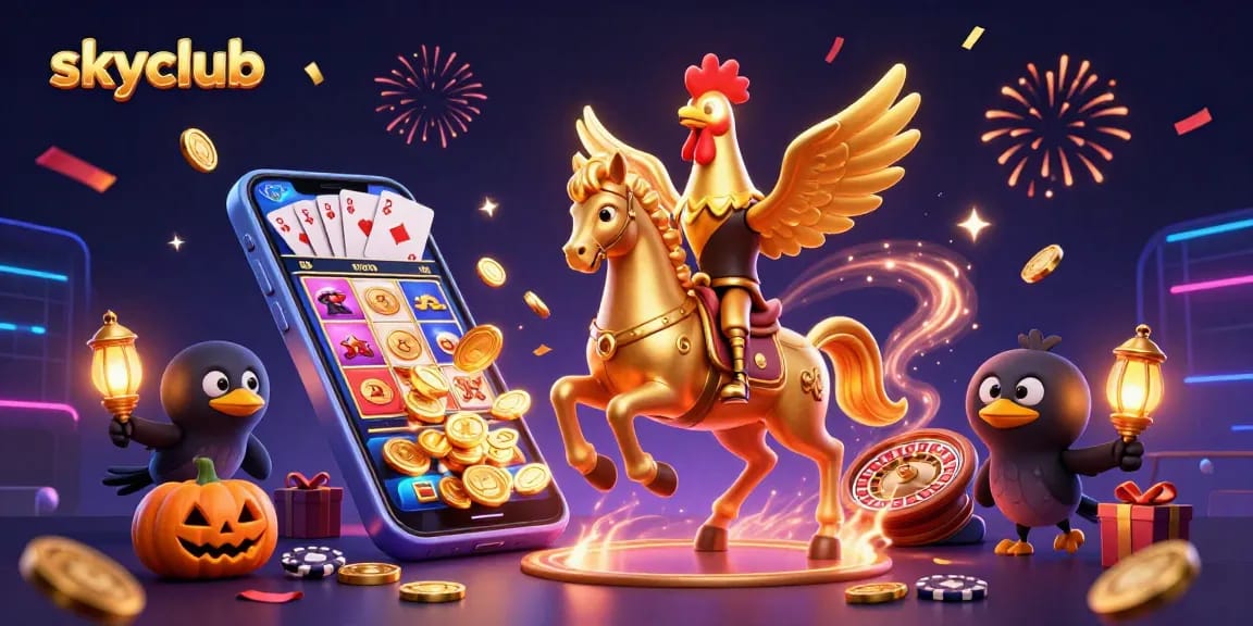 Engage with the vibrant skyclub scene featuring a golden rooster, casino games, and festive elements.