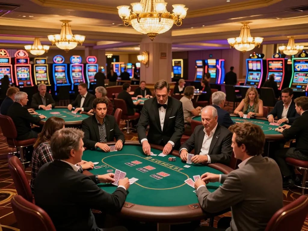 Players enjoying high-stakes poker at maxpoker88 in a vibrant Vegas casino, showcasing excitement and luxury.