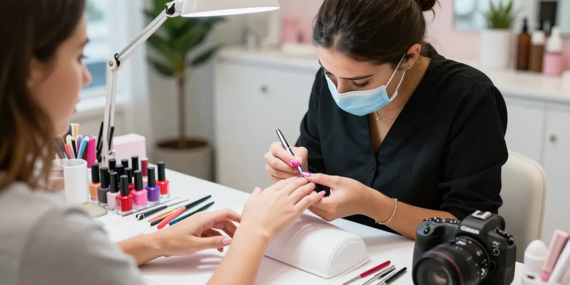 Manicure in progress showcasing Paradise Nail Beauty with vibrant nail colors and tools.