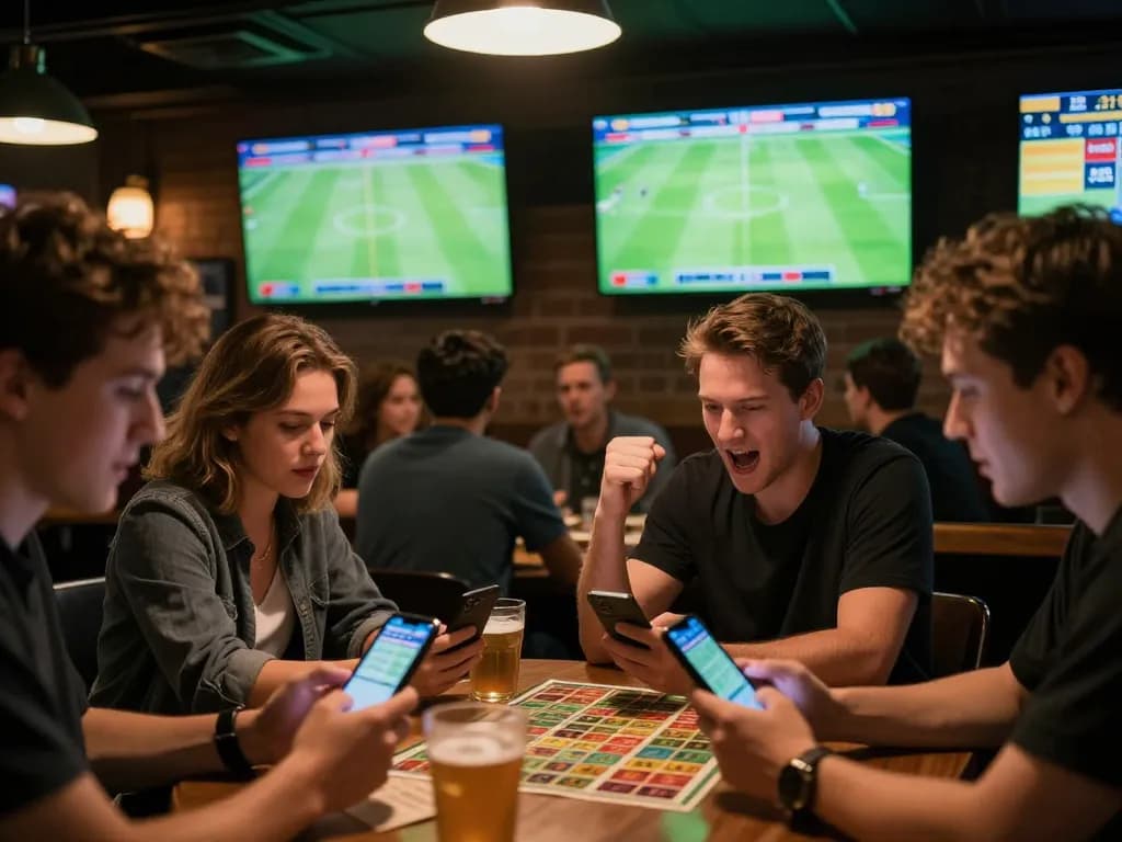 Fans engaging in sports betting with excitement, tracking keo nha cai hom nay in a vibrant sports bar