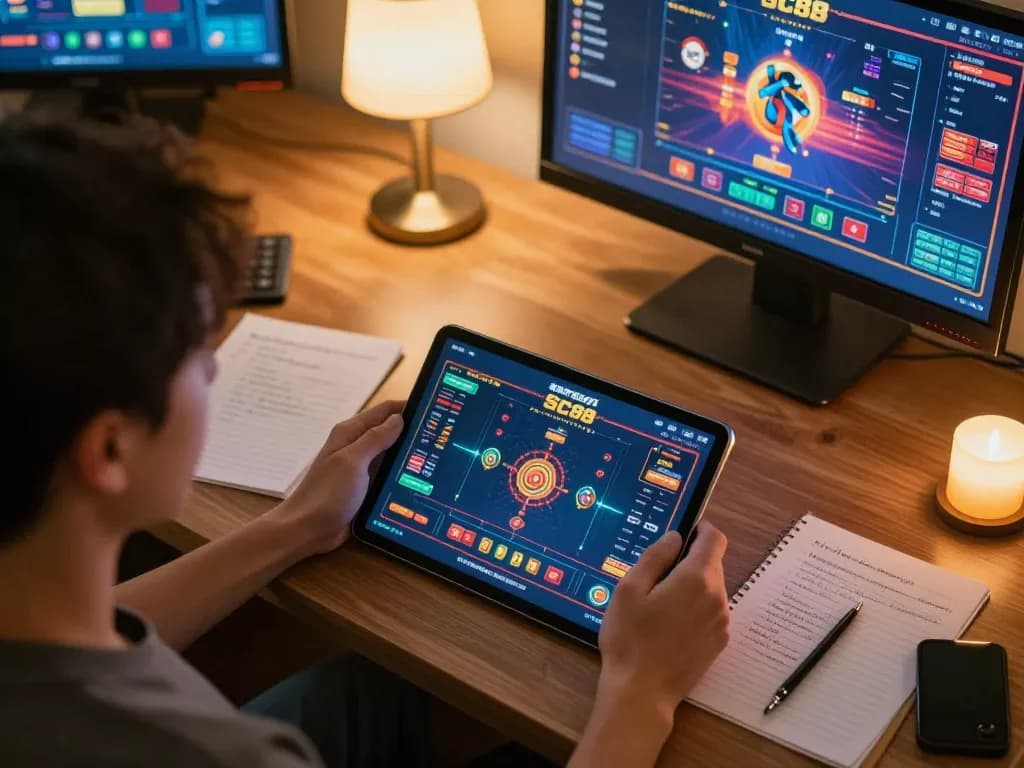 Player engaging with SC88 online casino app, showcasing strategic gaming notes in a cozy home setting.