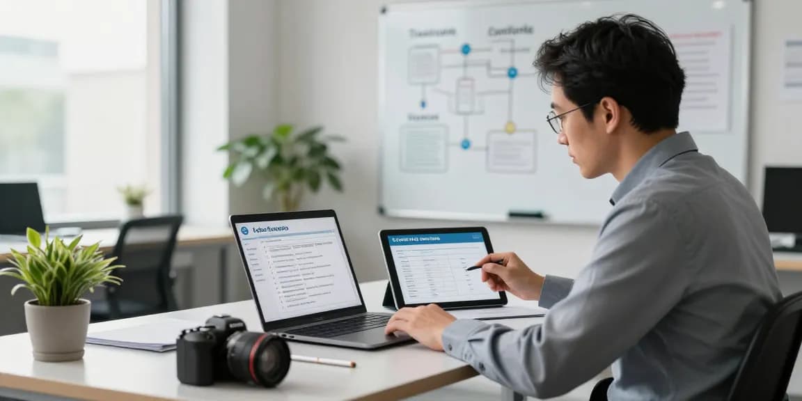 Cyber Essentials assessor reviewing compliance reports in a modern office environment with a focused atmosphere.