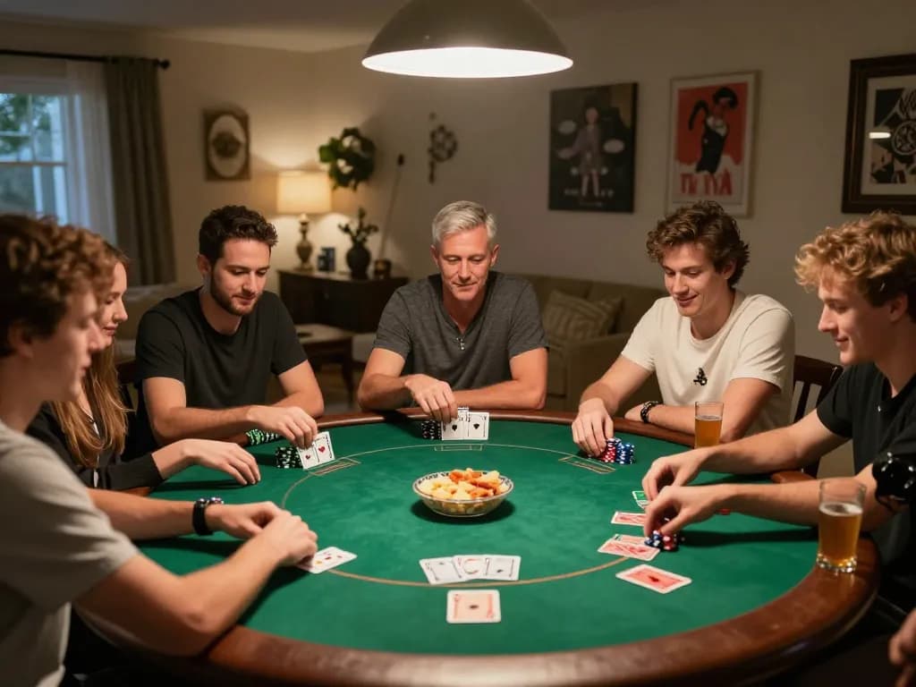 Friends playing poker at home with TG88 strategy cards and colorful chips in action.