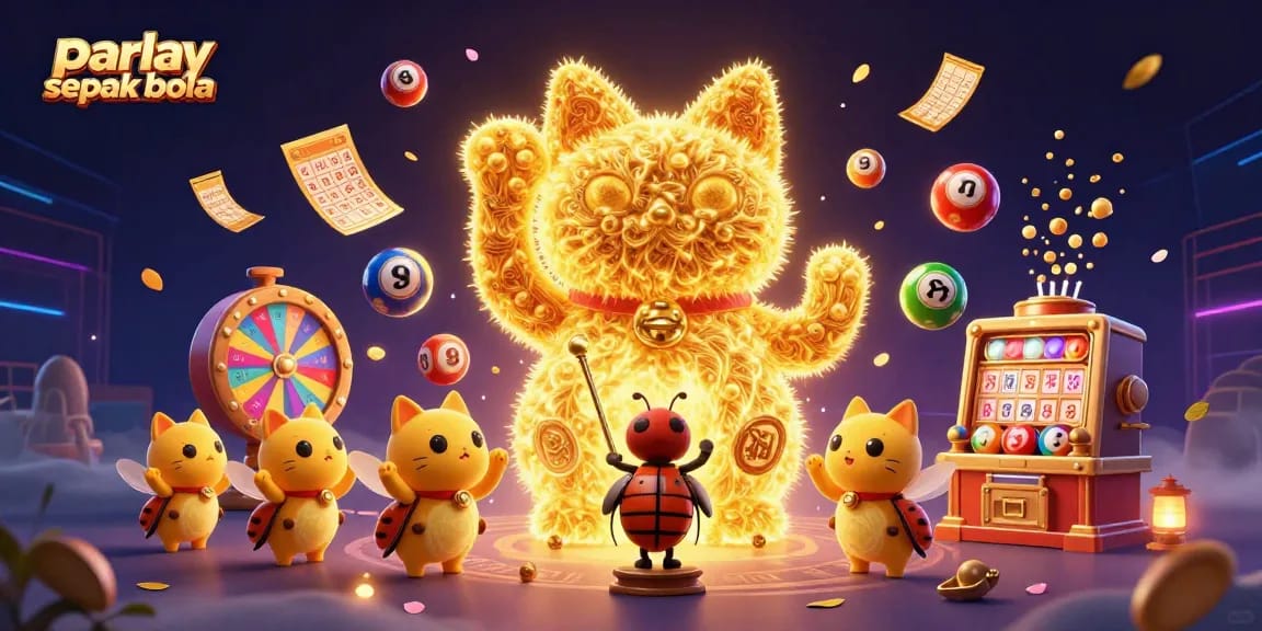 Engaging parlay sepak bola illustration with a lucky cat, vibrant lottery elements, and gold details.