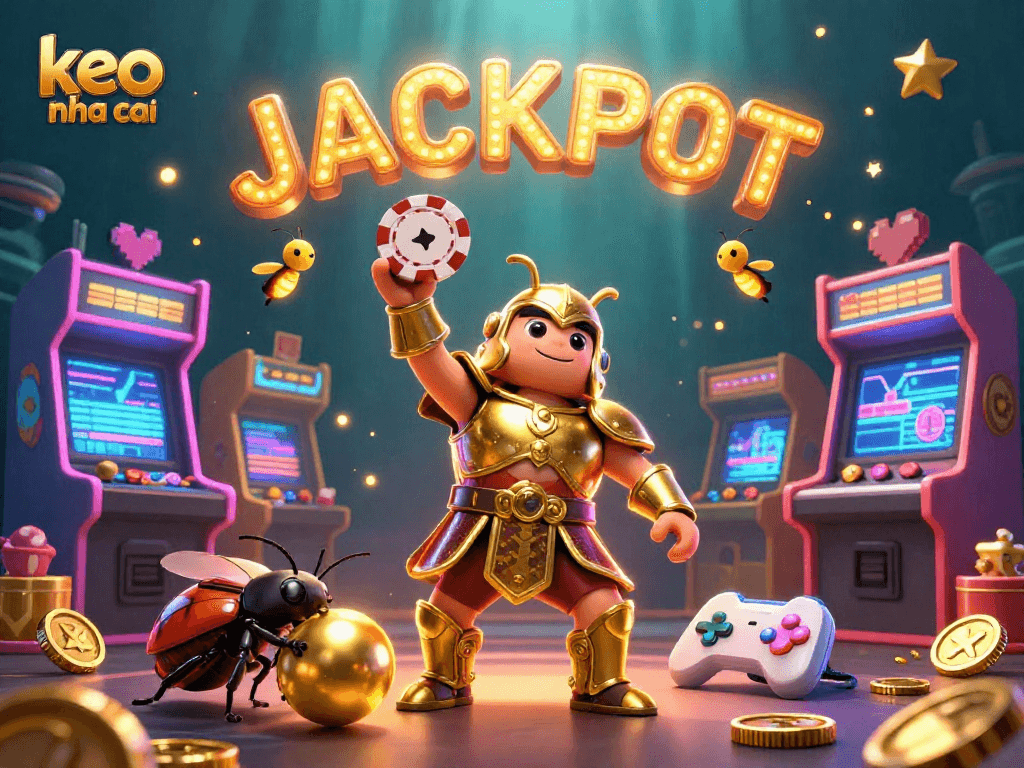 Engage in thrilling adventures with keo nha cai as a hercules beetle lifts a poker chip amidst dynamic casino elements.