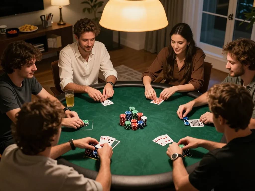 B52Club poker night with friends enjoying strategic gameplay and snacks in a cozy home setting