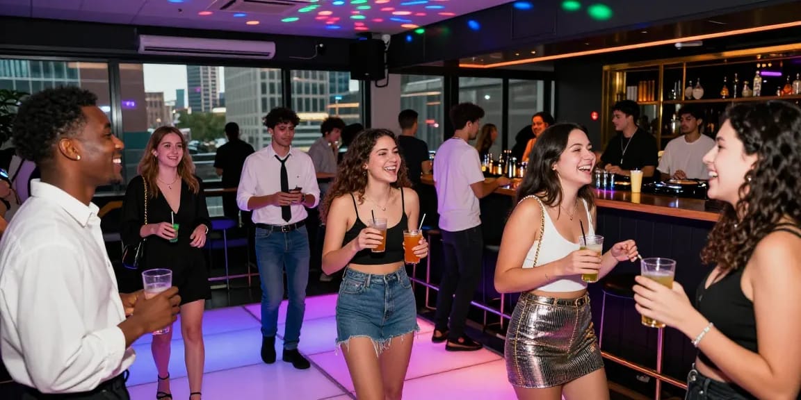 Young adults enjoying nightlife with Club21id novelty IDs in a vibrant club scene.