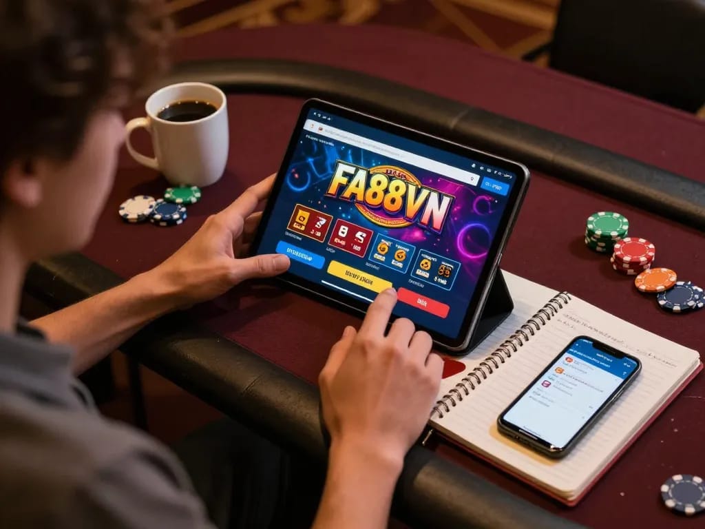 Player engaging with FA88VN app in a cozy gaming setup, emphasizing responsible gambling strategies.