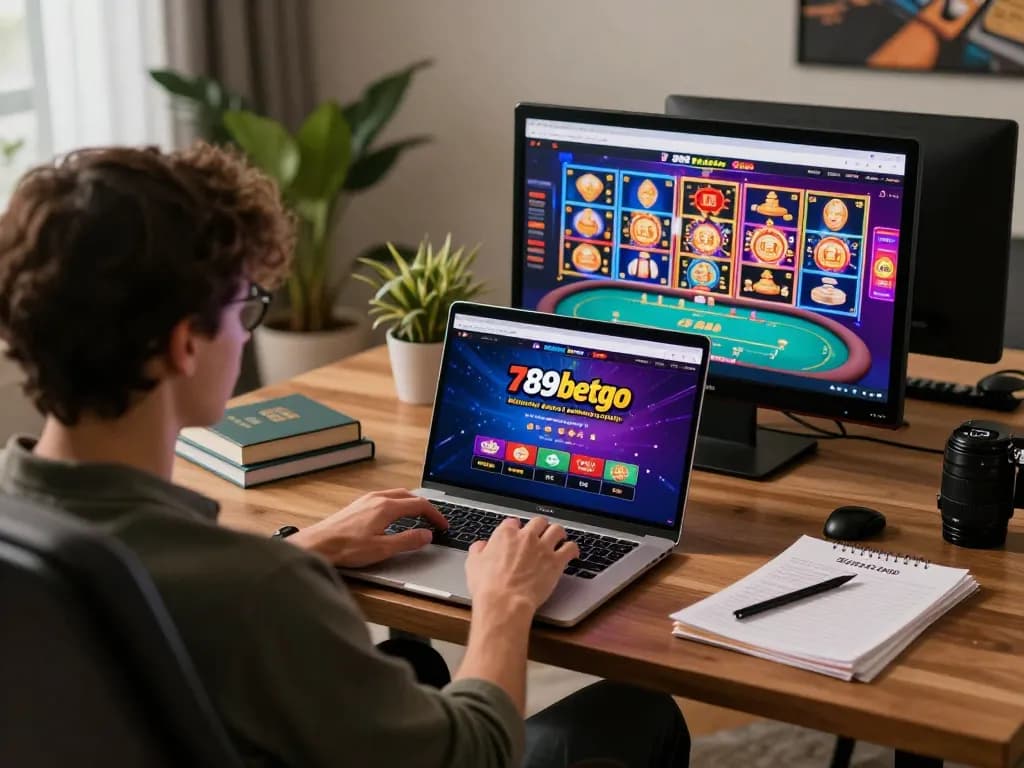 Enjoying online gaming at 789betgo with laptop showing casino options and vibrant visuals.
