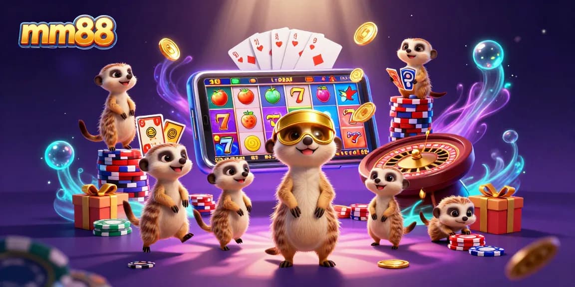 Experience the excitement of mm88 with meerkats managing a vibrant casino scene full of games and rewards.