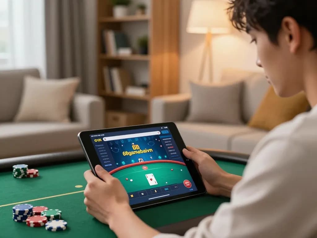 User playing poker on 68gamebaivn tablet in cozy living room, displaying focused gameplay and relaxed atmosphere.
