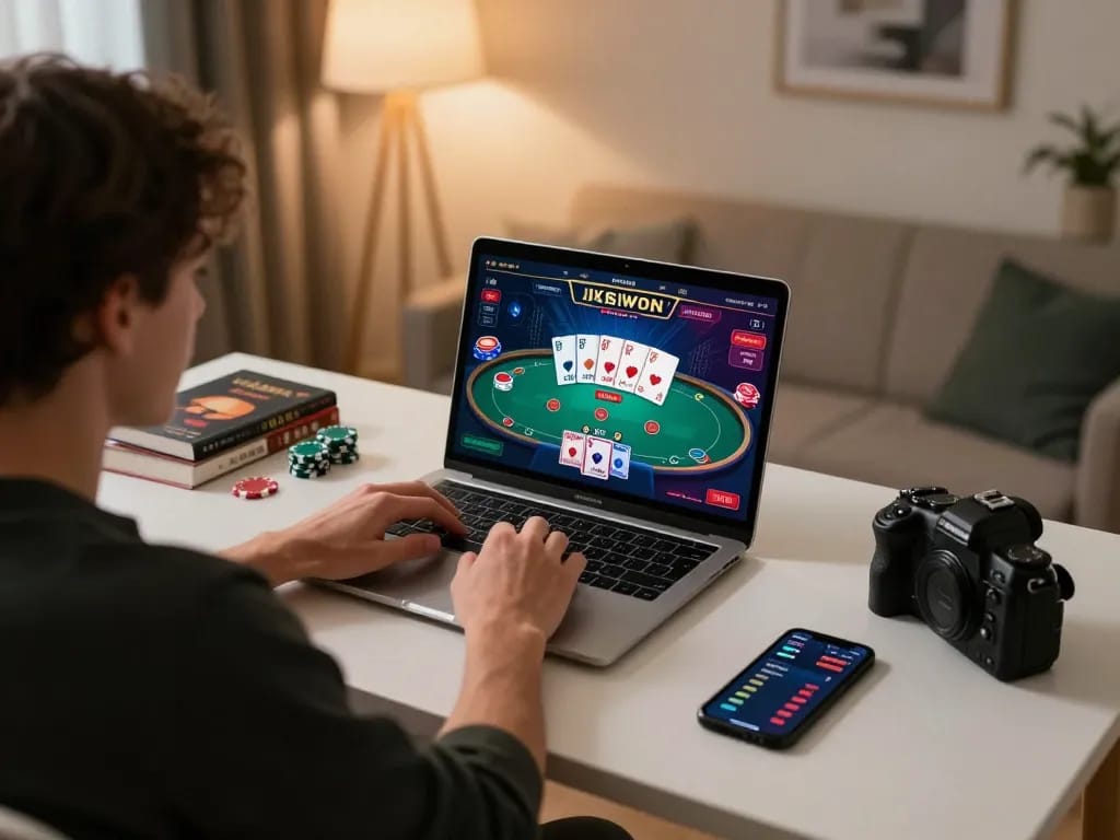 Experience thrilling online gaming at hidobasketgoztepe with a player immersed in a digital poker game.
