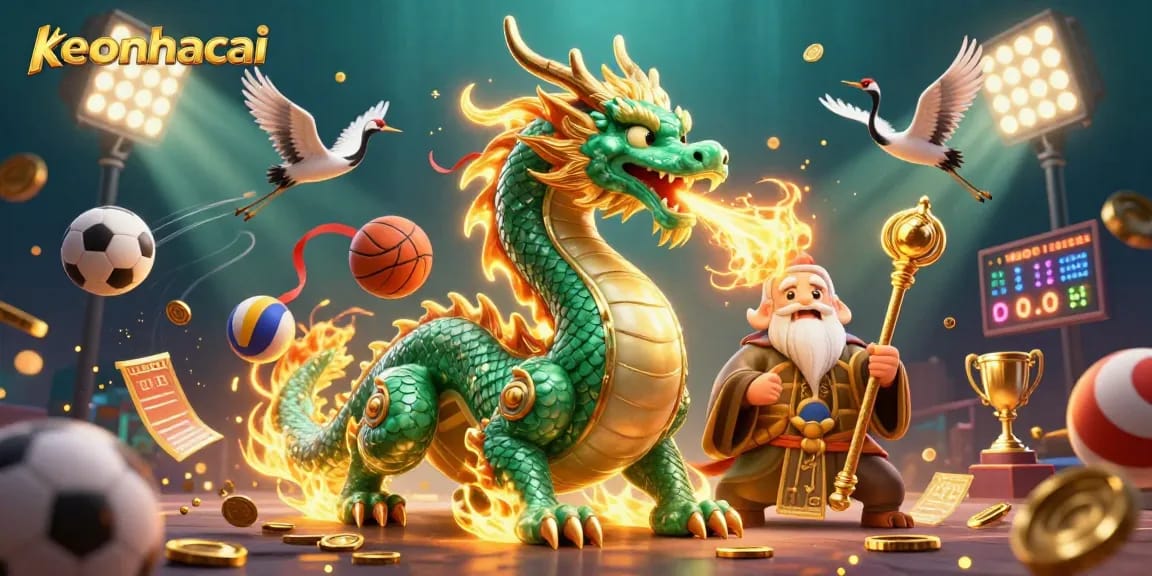 Experience the thrill of keonhacai sports betting with a dynamic 3D illustration showcasing a jade dragon and lucky elements.
