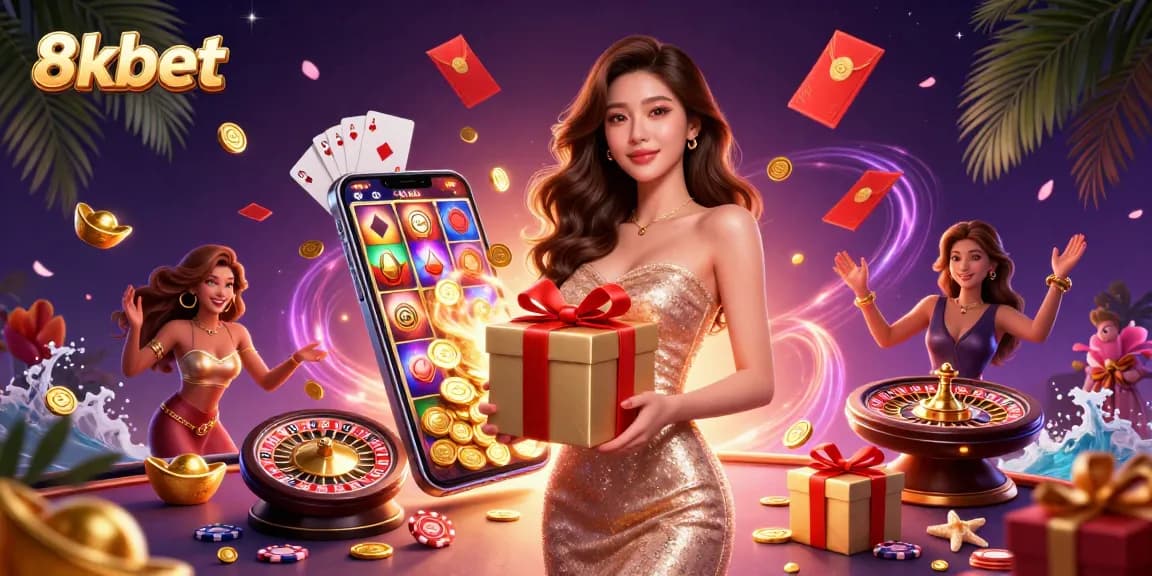 Experience the excitement of gaming with 8xbet as a gorgeous Asian woman celebrates with winnings and festive elements.