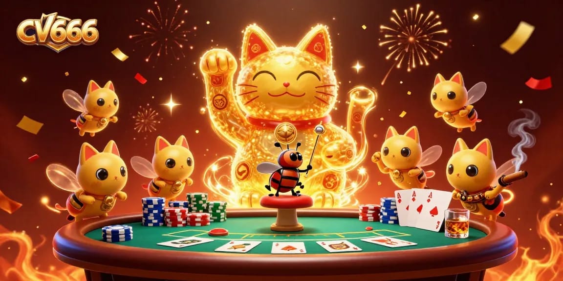 Engage with CV666's luxurious gaming experience illustrated with a golden lucky cat and poker elements.