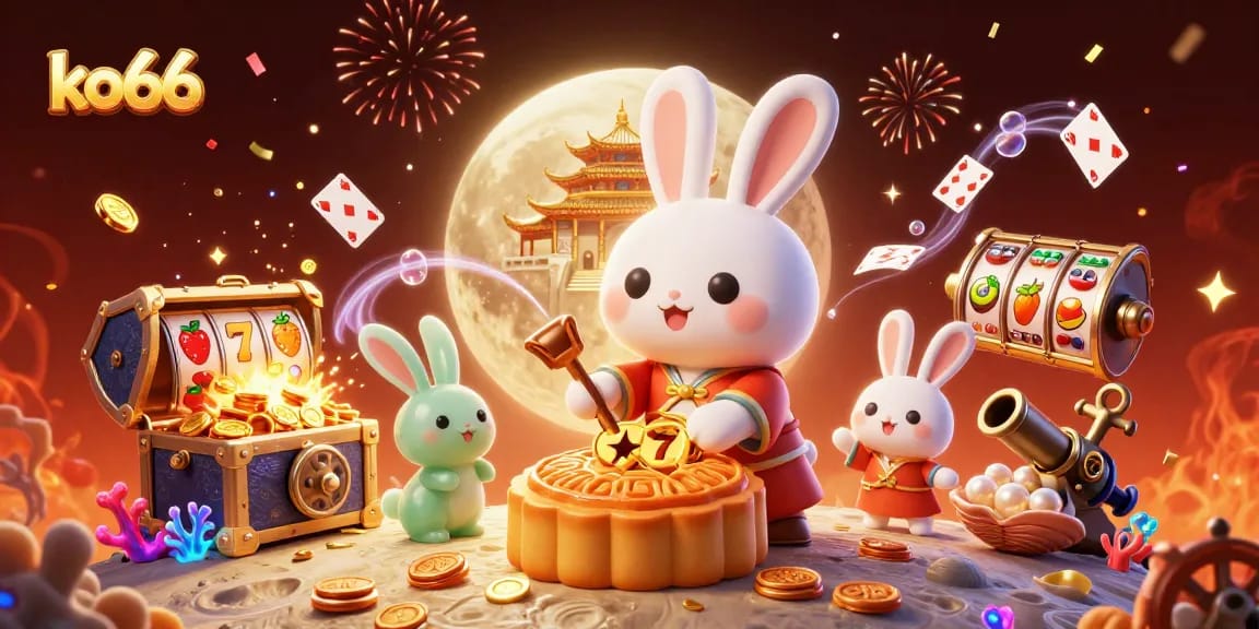 Experience exciting ko66 slots as the moon rabbit celebrates winning jackpots on a lunar casino.