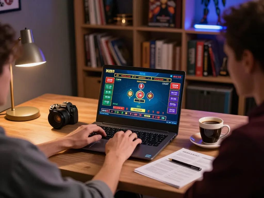 KJC player immerses in a live dealer game on laptop, showcasing responsible gambling habits.