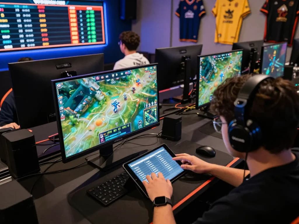 Engaged gamer analyzing odds on gg88 esports betting app in a modern setup