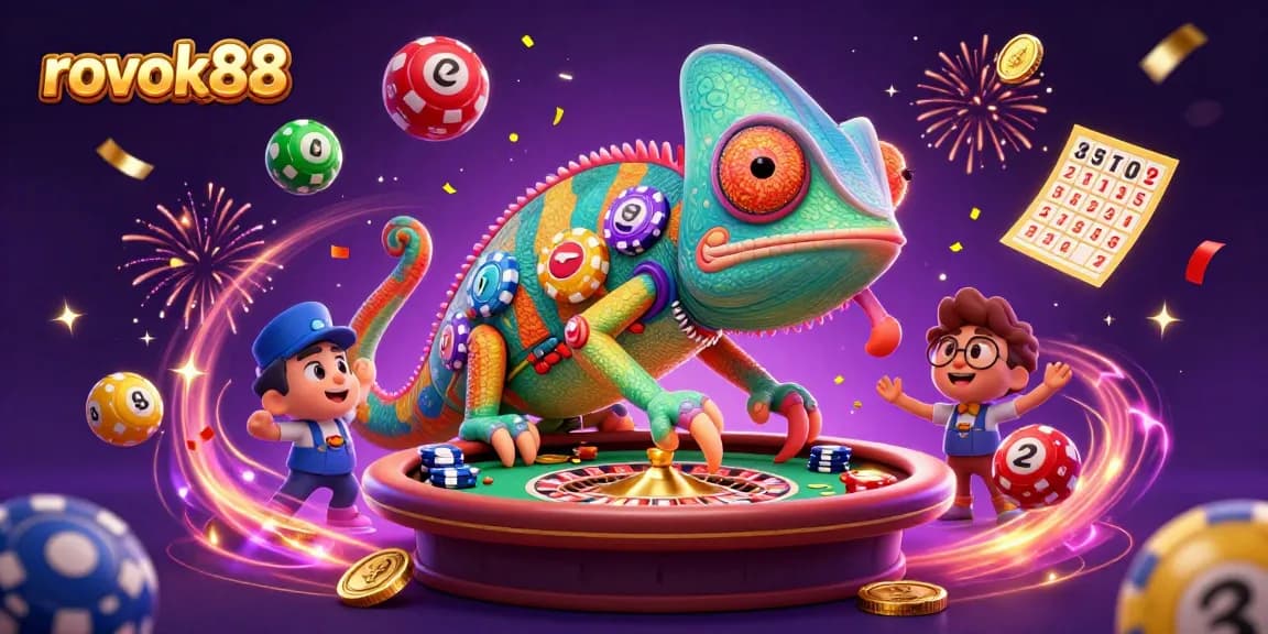 Experience the thrill of rokok88 as a chameleon casino owner interacts with vibrant lottery elements and prizes.